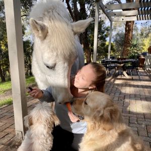 Flip with her pups and horse